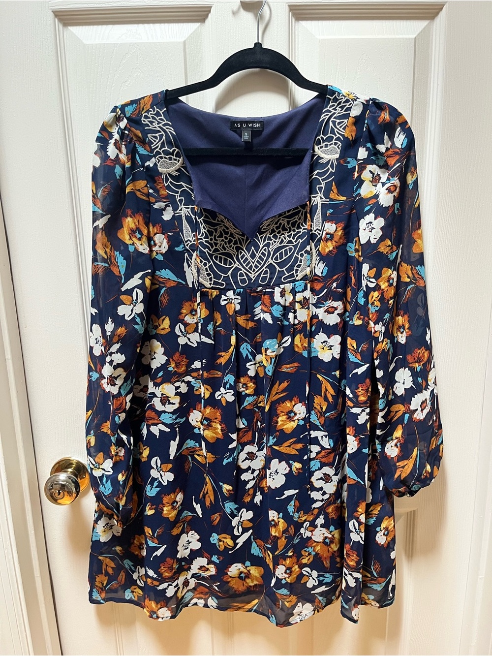 As U Wish Navy Floral Long-Sleeve Dress with Lace Yoke